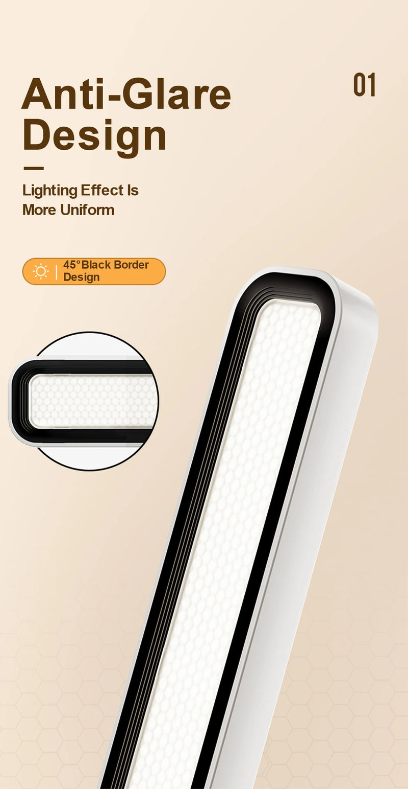 Rechargeable desk lamp feature graphic showing selectable light colors for comfortable reading and task lighting