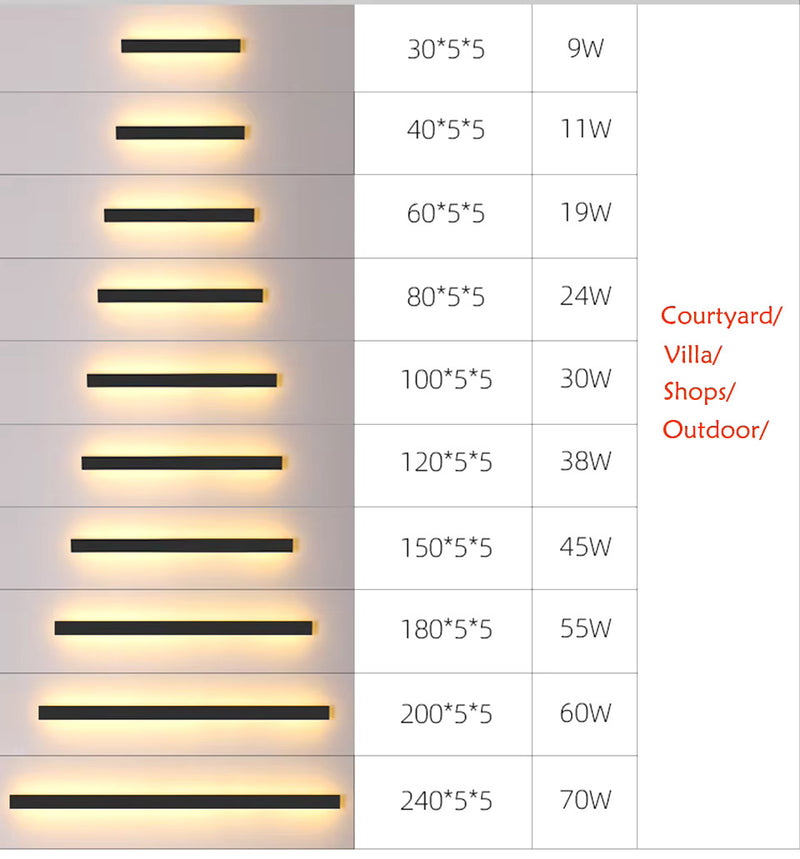 Dimmable long-strip LED wall light feature view showing the slim black linear fixture for modern exterior accent lighting