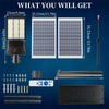 Dual-panel solar flood light feature graphic highlighting increased daytime charging surface for outdoor lighting