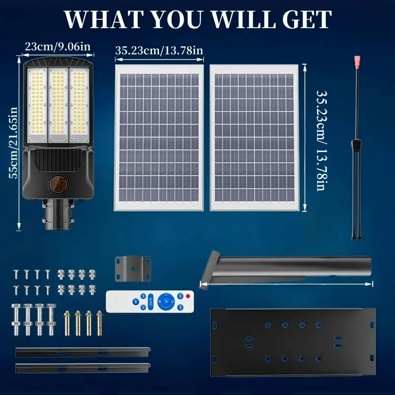 Dual-panel solar flood light feature graphic highlighting increased daytime charging surface for outdoor lighting