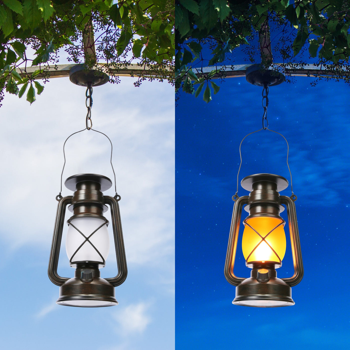 vintage solar lantern outdoor, auto on/off led flickering flame & stable light, ipx5 waterproof, hanging & tabletop decorative lamp - NoxLumin - 5