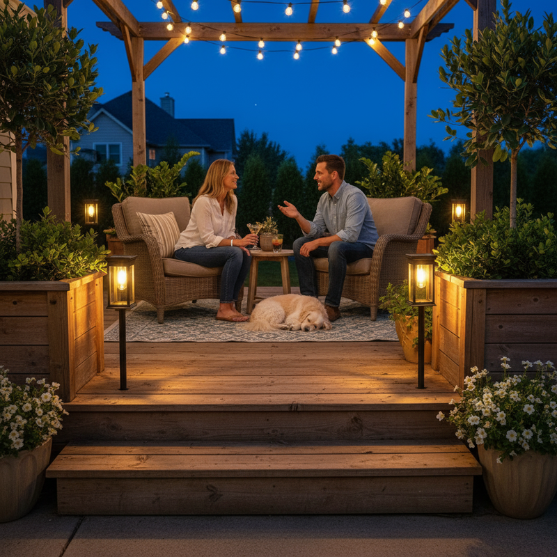 Family evening gathering on deck with solar lights | NoxLumin