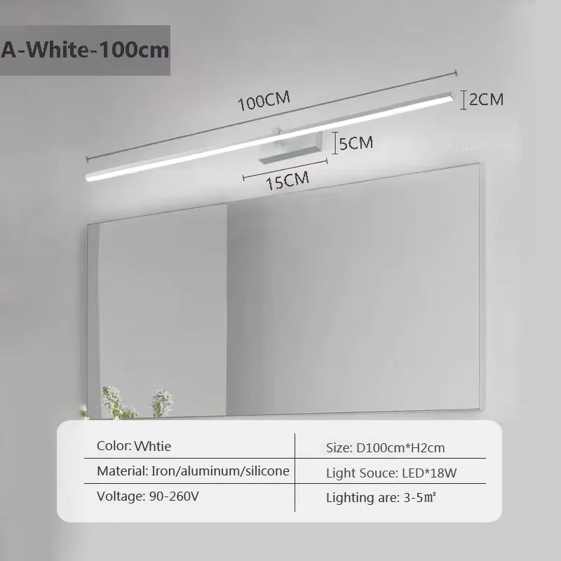 Vista de una luz LED lineal dorada de pared para espejos de tocador e iluminación decorativa interior