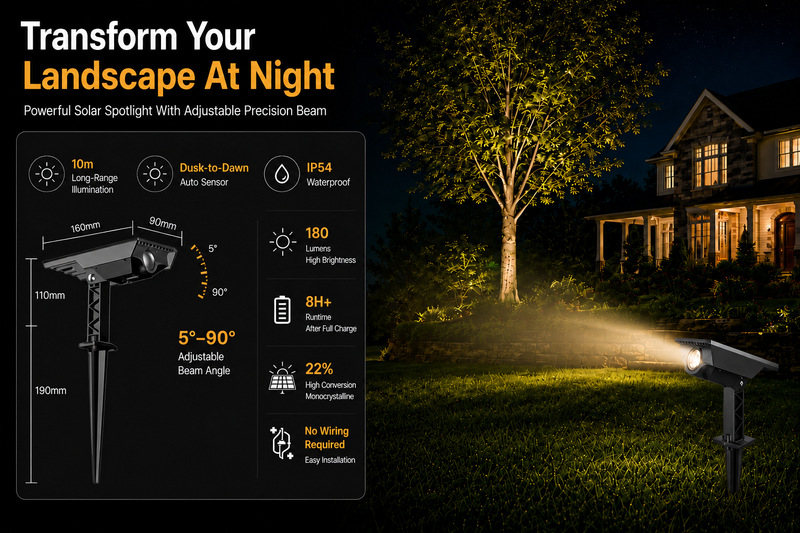 High-power solar landscape spotlight with adjustable angle and beam for illuminating trees, statues and garden features