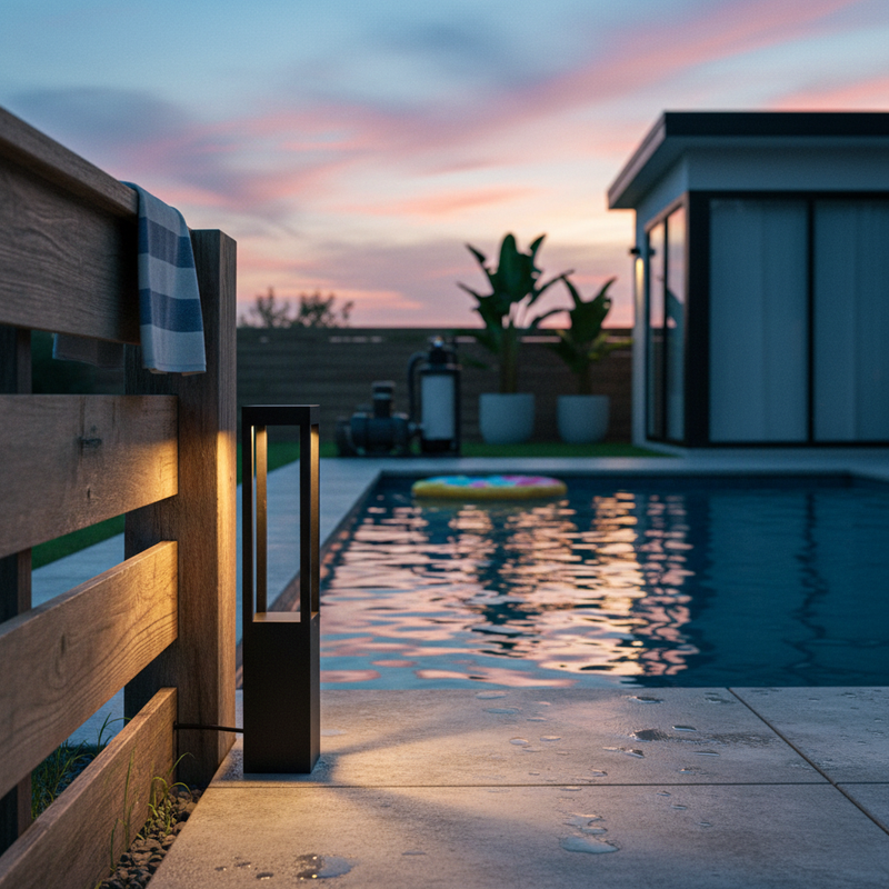A professional lifestyle photograph of a modern black aluminum LED bollard light (60cm) mounted on a rustic wood fence beside a residential swimming pool during twilight, featuring realistic light reflections on water, textured concrete pavers, and pool house for scale. Realistic style, shot on Nikon Z5II. | NoxLumin