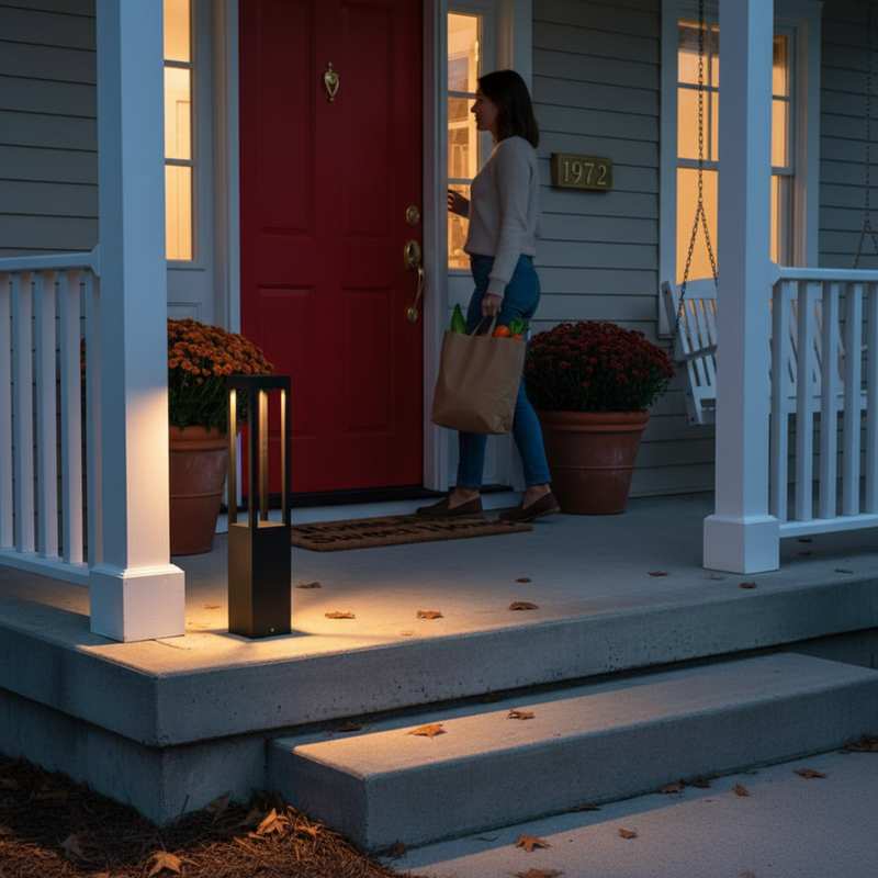 A professional lifestyle photograph of a modern black aluminum LED bollard light (60cm) installed beside an American front porch entrance during early evening, featuring a woman arriving with groceries, red front door, potted mums, and welcome mat for scale. Realistic style, shot on Nikon Z5II. | NoxLumin