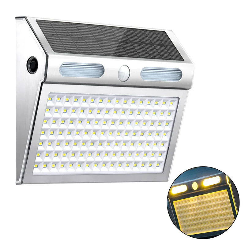 IP65 weather-resistant 112-LED solar motion sensor wall light designed for year-round exterior installation