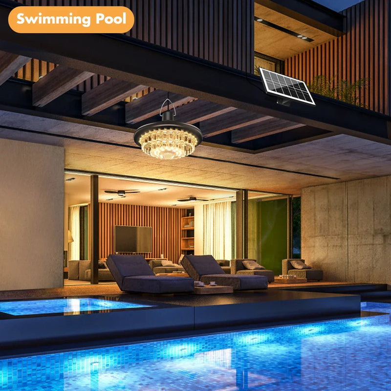 Weather-resistant solar pendant lighting system with an outdoor solar panel designed to power the indoor hanging lamp