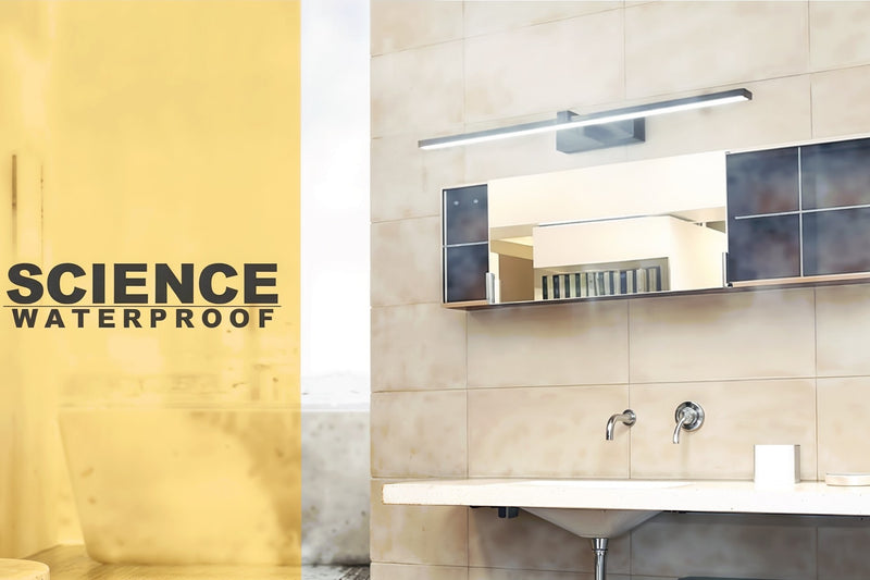 Linear LED mirror light illuminating a bathroom vanity area with even light for grooming and makeup