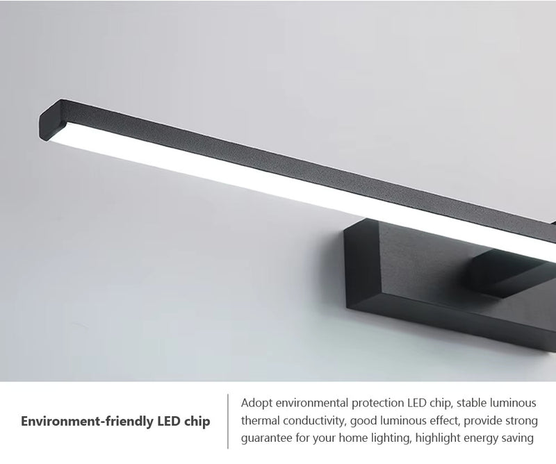 Linear LED mirror light shown with a compact wall-mount base for installation above a bathroom vanity