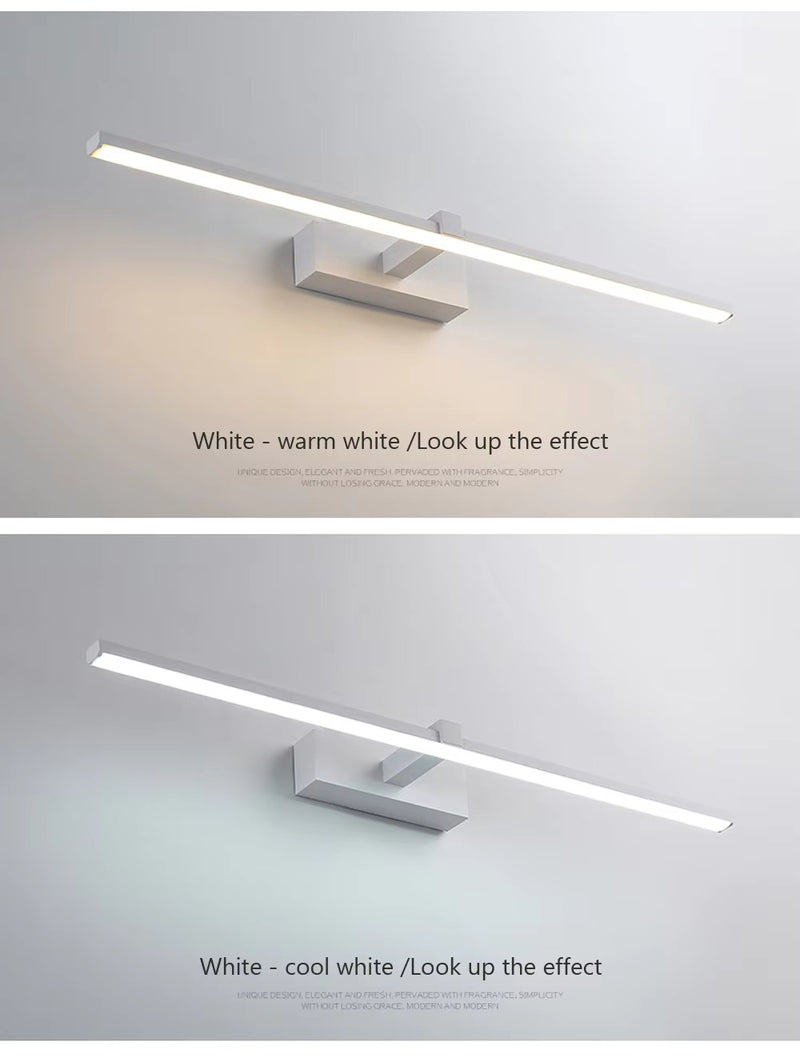 Long LED mirror light demonstrating wide, even illumination across a vanity countertop and mirror