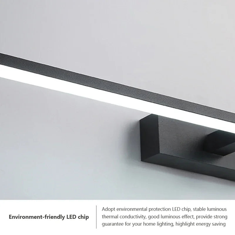 Vista funcional de una luz LED lineal de pared con colores seleccionables para espejos de baño y paredes interiores