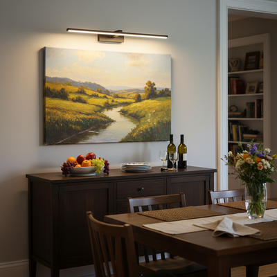 LED wall light illuminating dining room painting