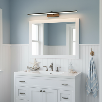 LED wall light in coastal themed bathroom