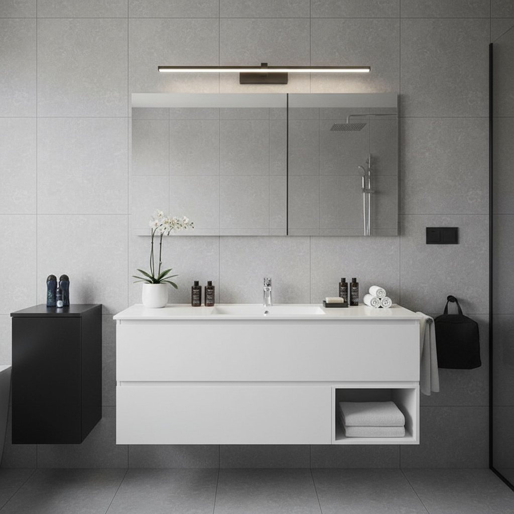 LED wall light in hotel-style bathroom | NoxLumin