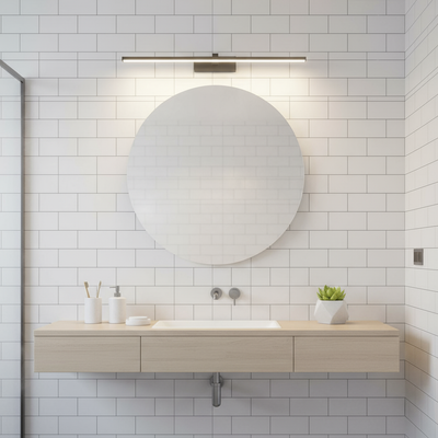 LED wall light in subway tile bathroom