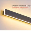 Black long-strip LED wall light shown on a clean background with a slim modern design for outdoor wall mounting