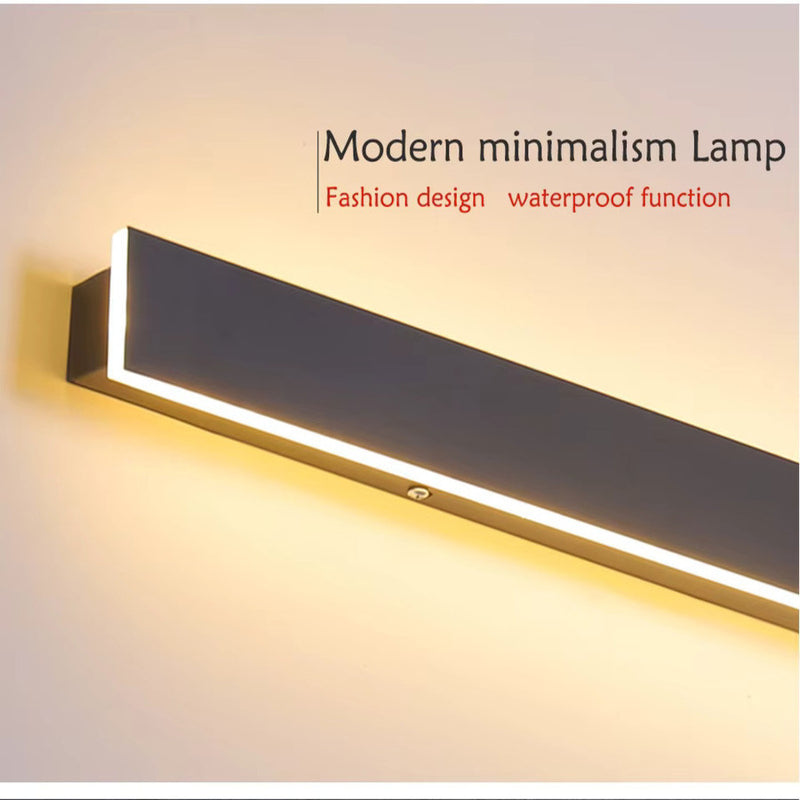 Black long-strip LED wall light shown on a clean background with a slim modern design for outdoor wall mounting