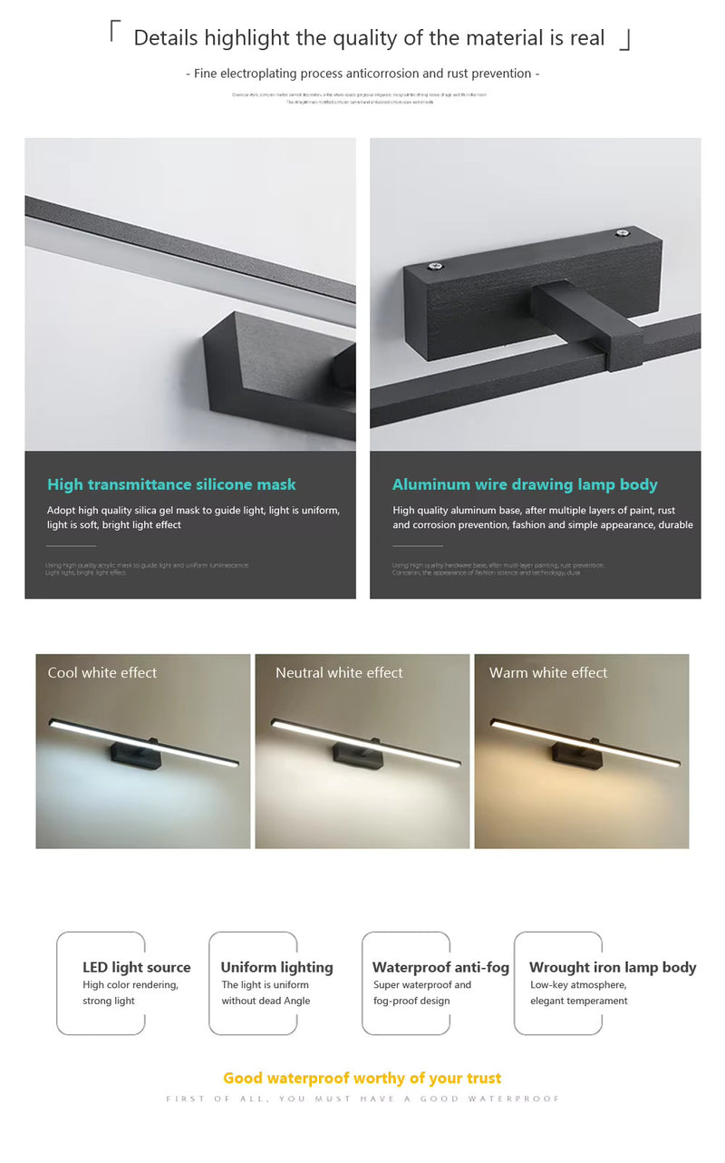 Linear LED bathroom mirror light feature graphic showing the slim wall-mounted fixture for vanity and task lighting