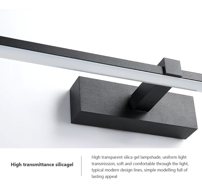 Close product view of a slim linear LED wall light designed for bathroom mirrors and indoor task lighting