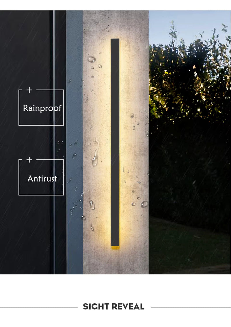 Outdoor long-strip LED wall light shown with mounting components for secure installation on exterior walls