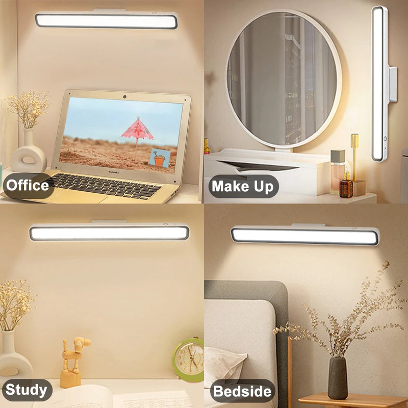 Rechargeable magnetic desk lamp demonstrating an adjustable lighting angle for reading, bedside and monitor use