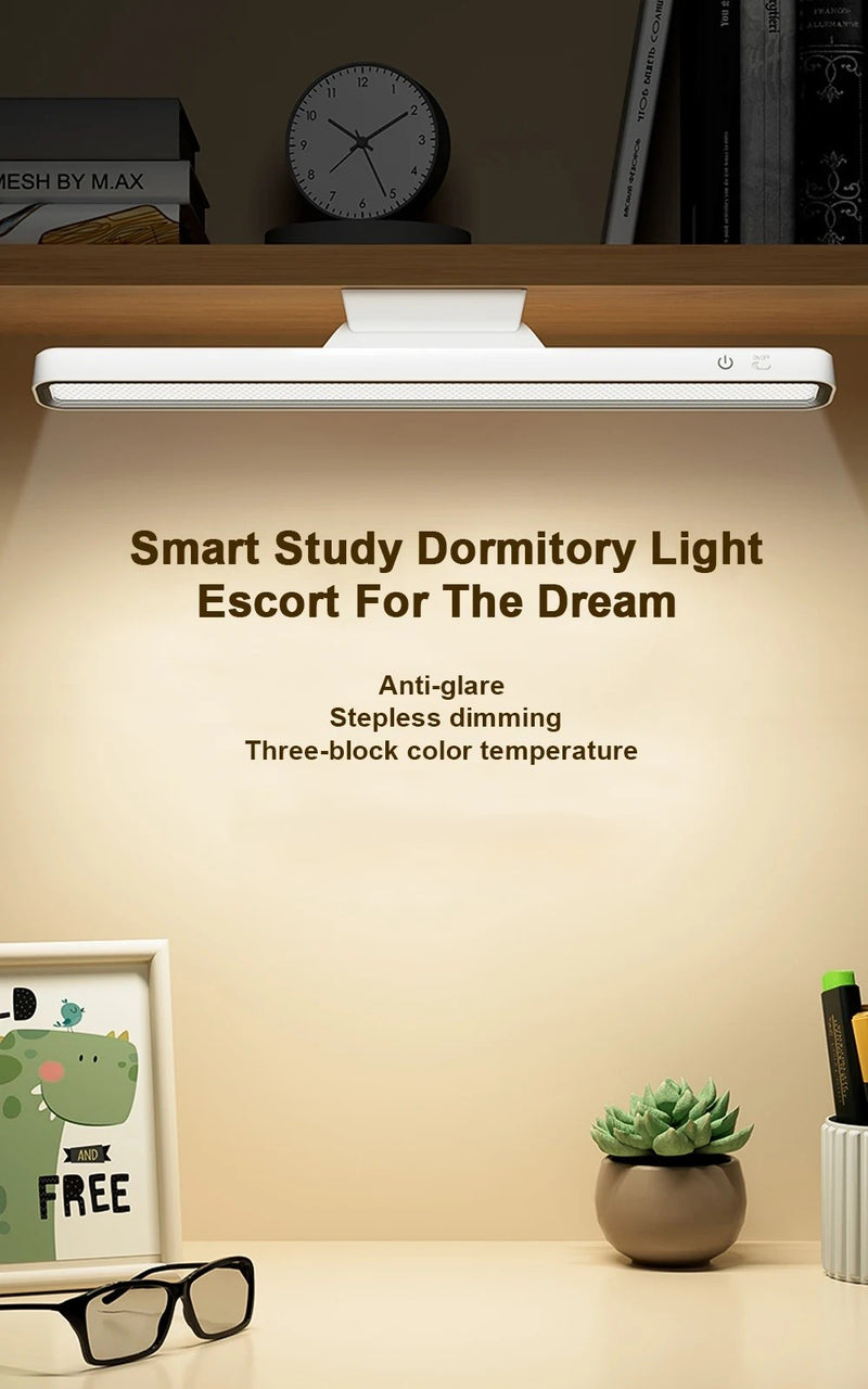 Rechargeable magnetic desk lamp feature overview showing the slim LED light bar, adjustable mounting base and cordless design