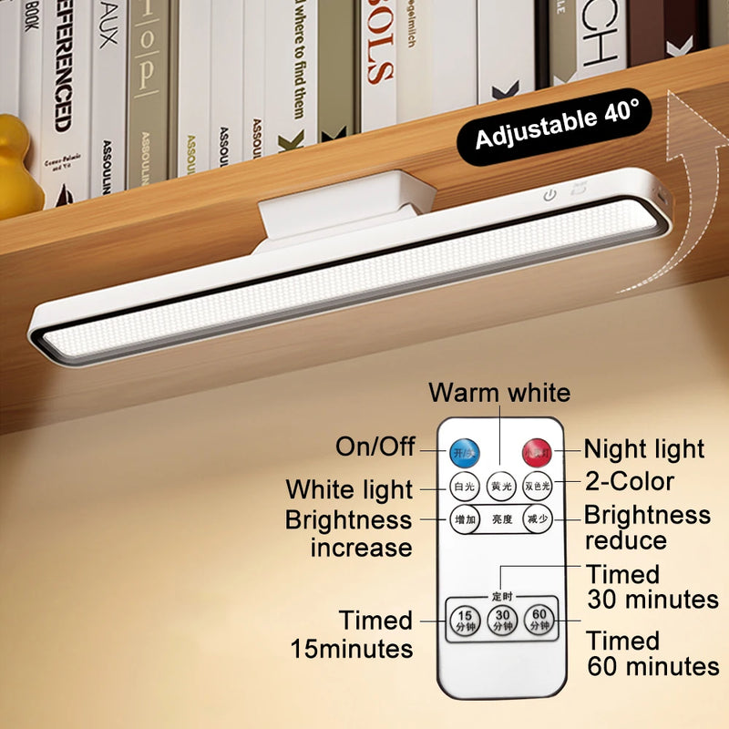 Slim magnetic dimming desk lamp with rechargeable battery shown as a compact light for reading desks, bedrooms and monitors