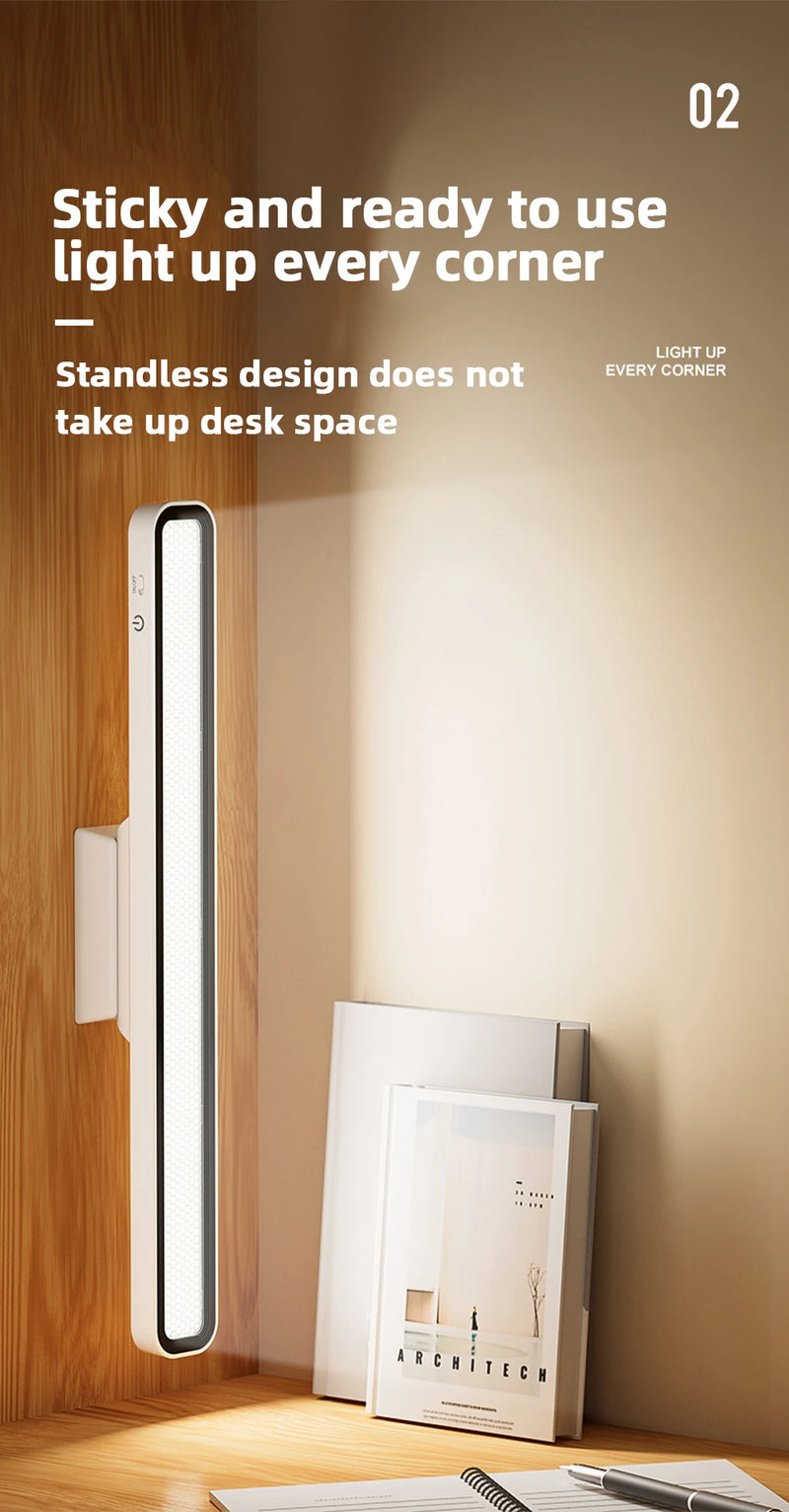 Magnetic LED desk lamp graphic showing adjustable brightness levels for focused work and soft nighttime lighting