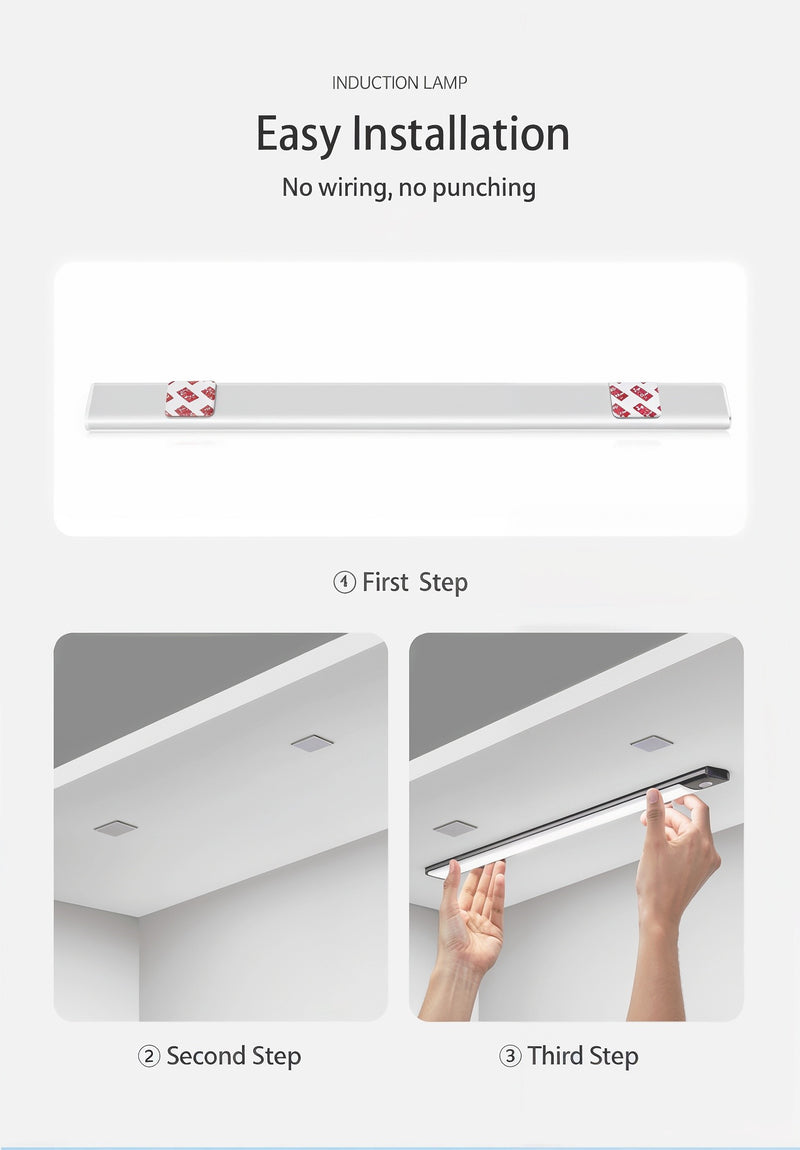 Magnetic motion sensor cabinet light installation guide showing tool-free mounting with an adhesive metal plate