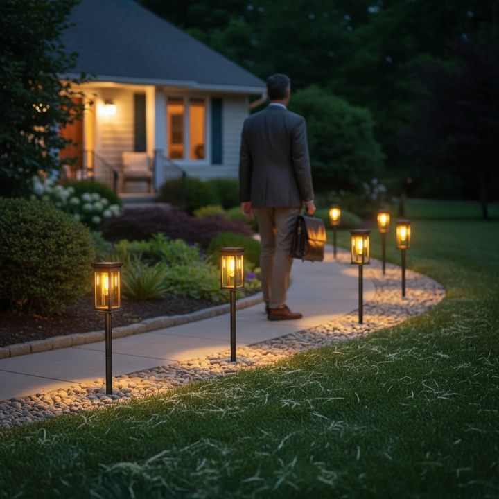 Man arriving home along illuminated curved garden path | NoxLumin