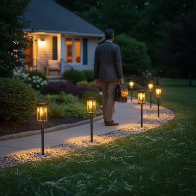 Man arriving home along illuminated curved garden path