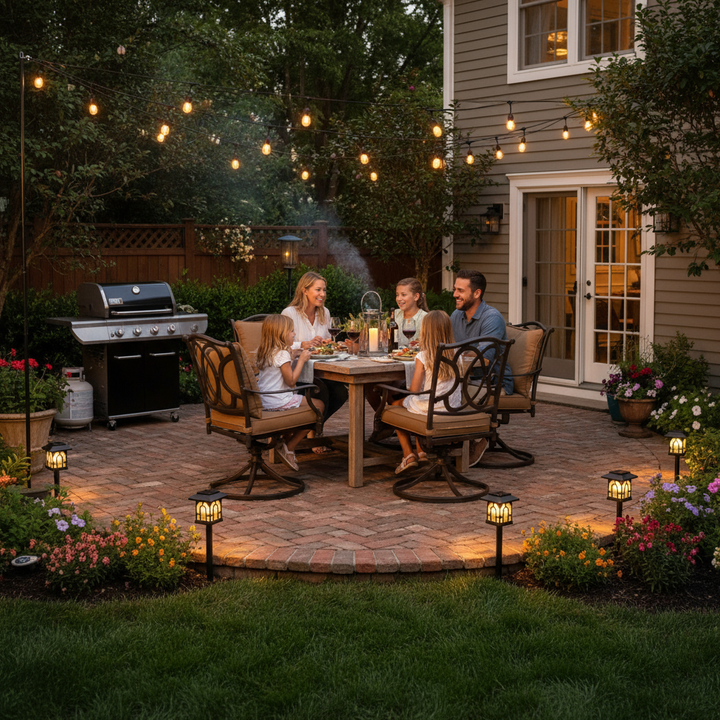 Mini house-shaped solar pathway lights along brick patio with family dinner | NoxLumin