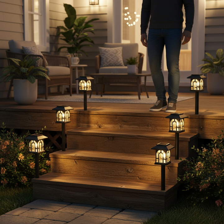 Mini house-shaped solar pathway lights along deck stairway at night | NoxLumin