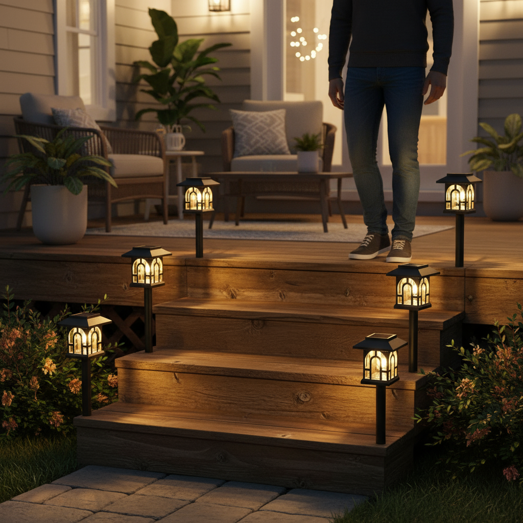 Mini house-shaped solar pathway lights along deck stairway at night | NoxLumin
