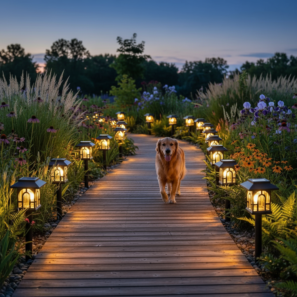 Mini house-shaped solar pathway lights along wooden boardwalk through naturalized garden | NoxLumin