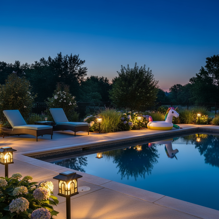 Mini house-shaped solar pathway lights around swimming pool area at dusk | NoxLumin