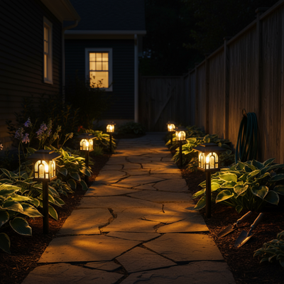 Mini house-shaped solar pathway lights illuminating flagstone side yard walkway