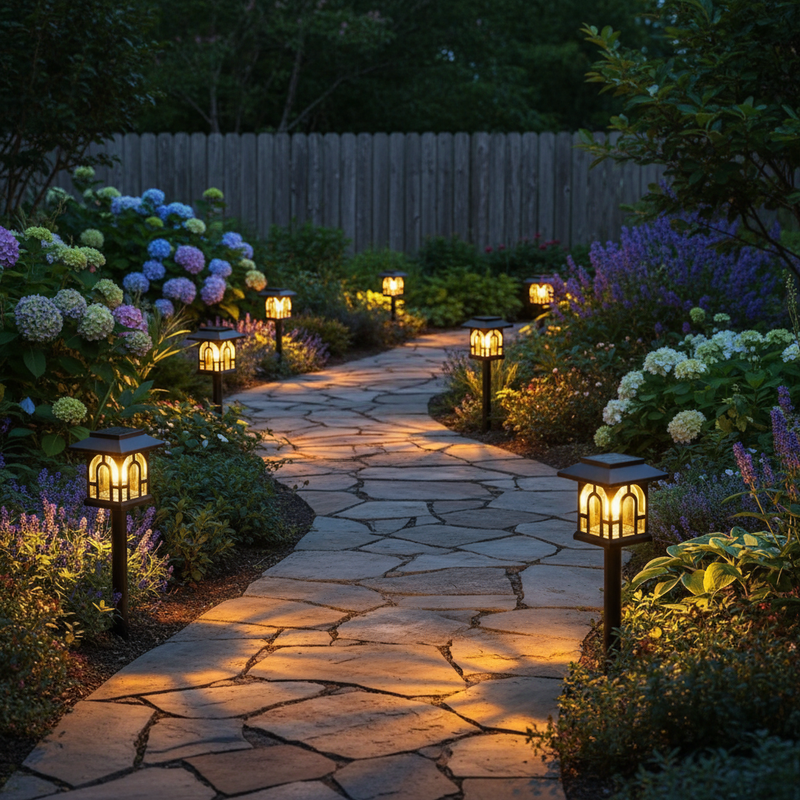 Mini house-shaped solar pathway lights lining curved garden path in American backyard | NoxLumin