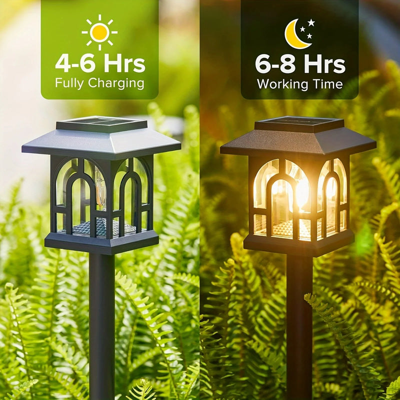 Mini house solar pathway light feature graphic showing daytime solar charging and automatic warm-white lighting after dark