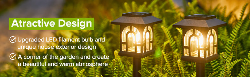 Mini house-shaped solar pathway lights glowing warm white along a decorative garden and walkway setting after dark