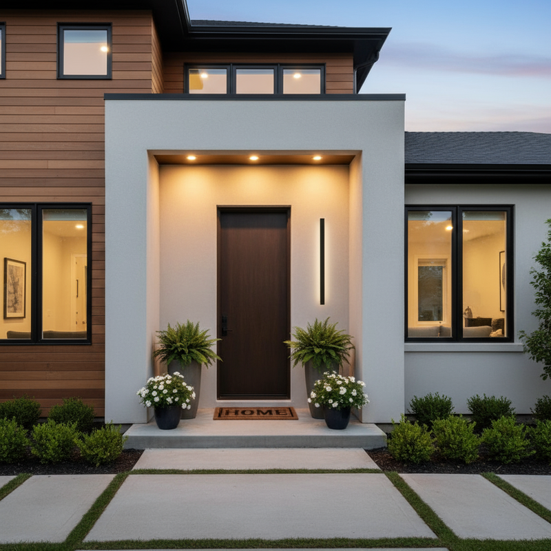 Modern American suburban house front porch with LED wall light at dusk | NoxLumin