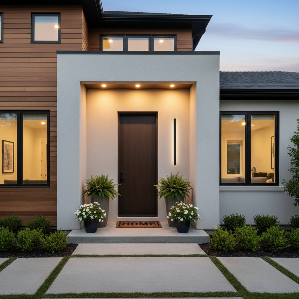 Modern American suburban house front porch with LED wall light at dusk | NoxLumin