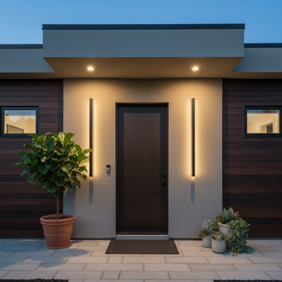 Modern American suburban house front porch with LED wall lights on both sides at dusk