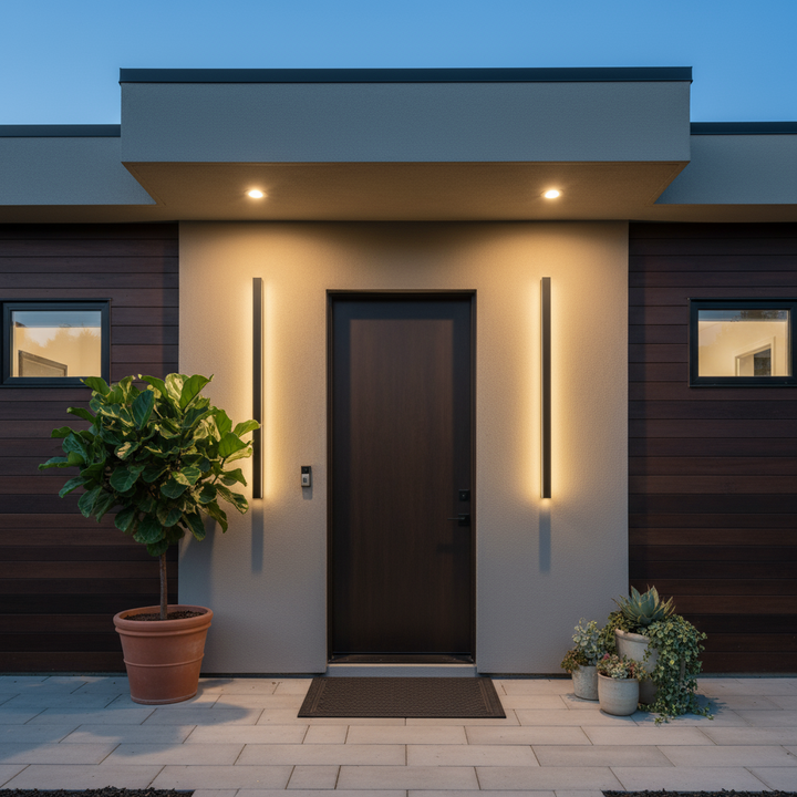 Modern American suburban house front porch with LED wall lights on both sides at dusk | NoxLumin