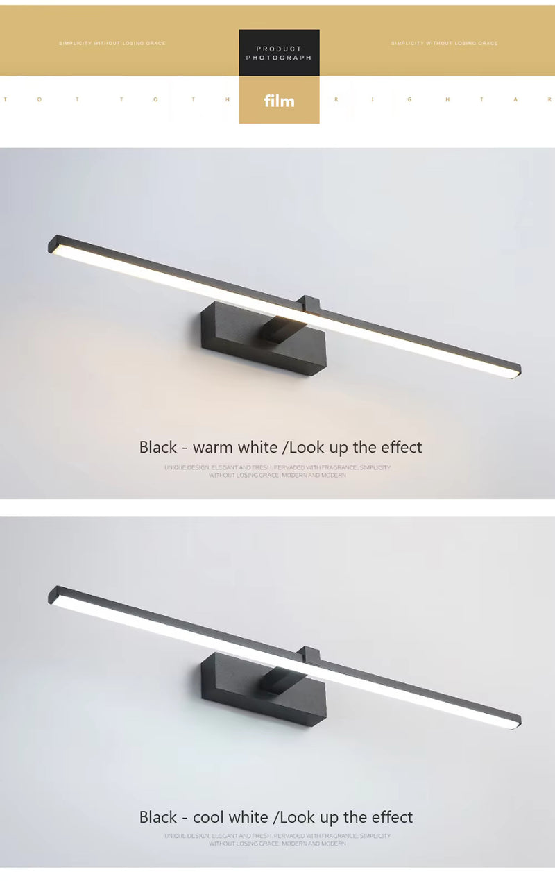 Modern linear LED mirror light installation graphic showing wall placement above a bathroom mirror