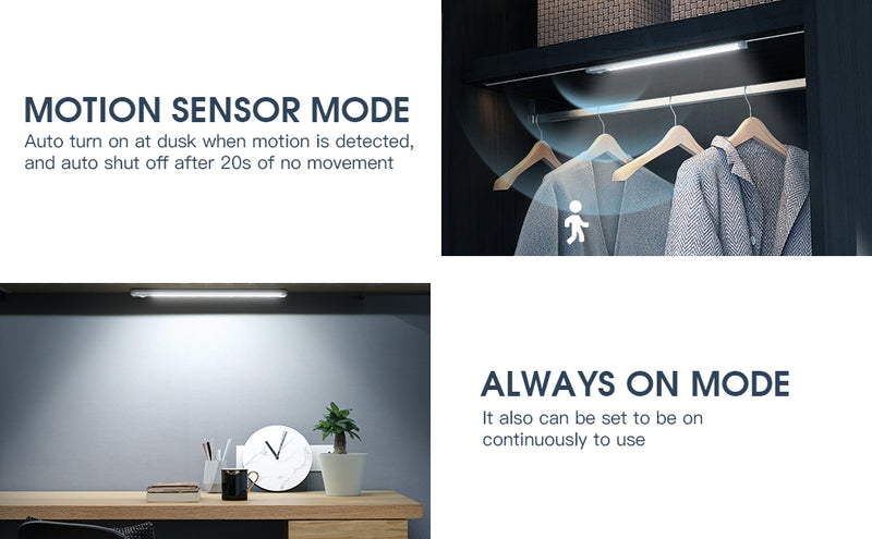 Motion sensor cabinet light demonstrating selectable warm, natural and cool white illumination for indoor use
