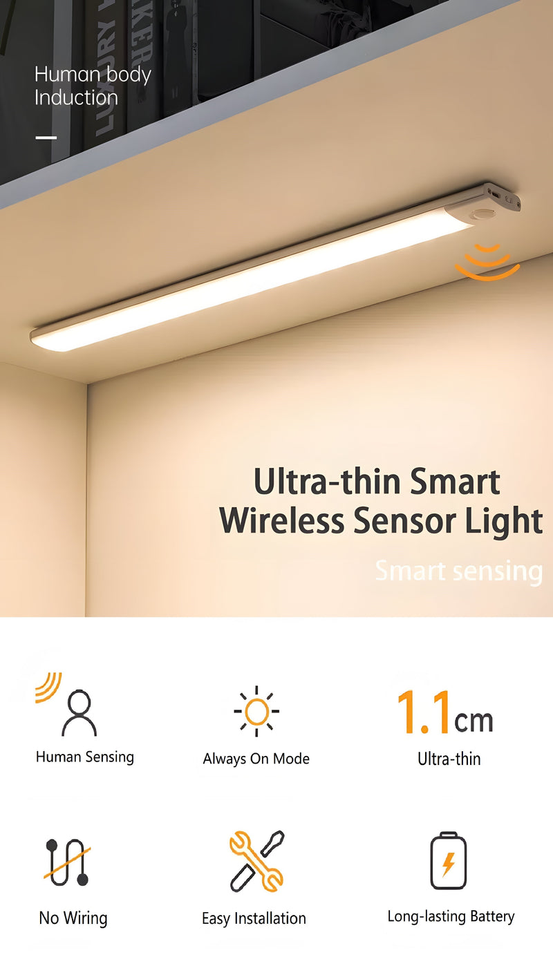 Motion sensor cabinet light feature infographic showing the rechargeable light bar, sensor controls and indoor installation options