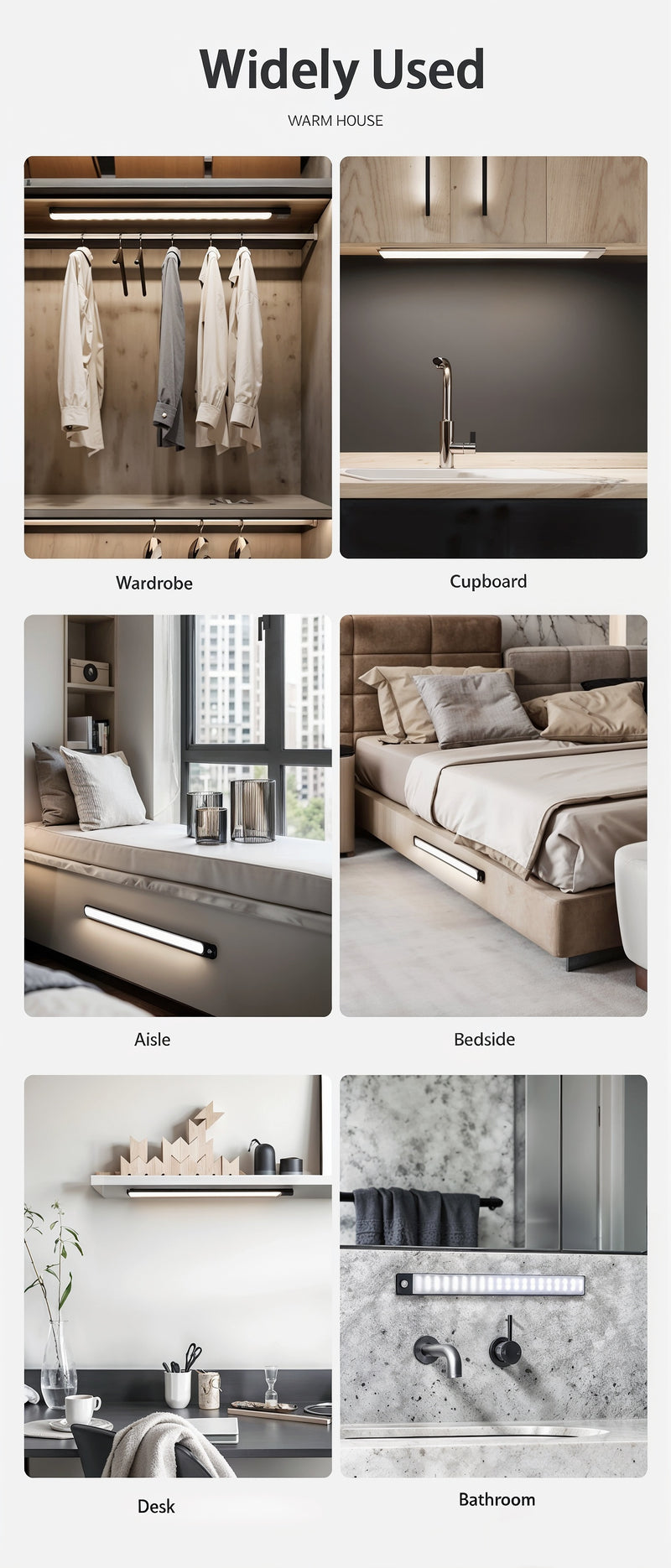 Rechargeable motion sensor cabinet light shown for under-cabinet, wardrobe, hallway and stair lighting applications