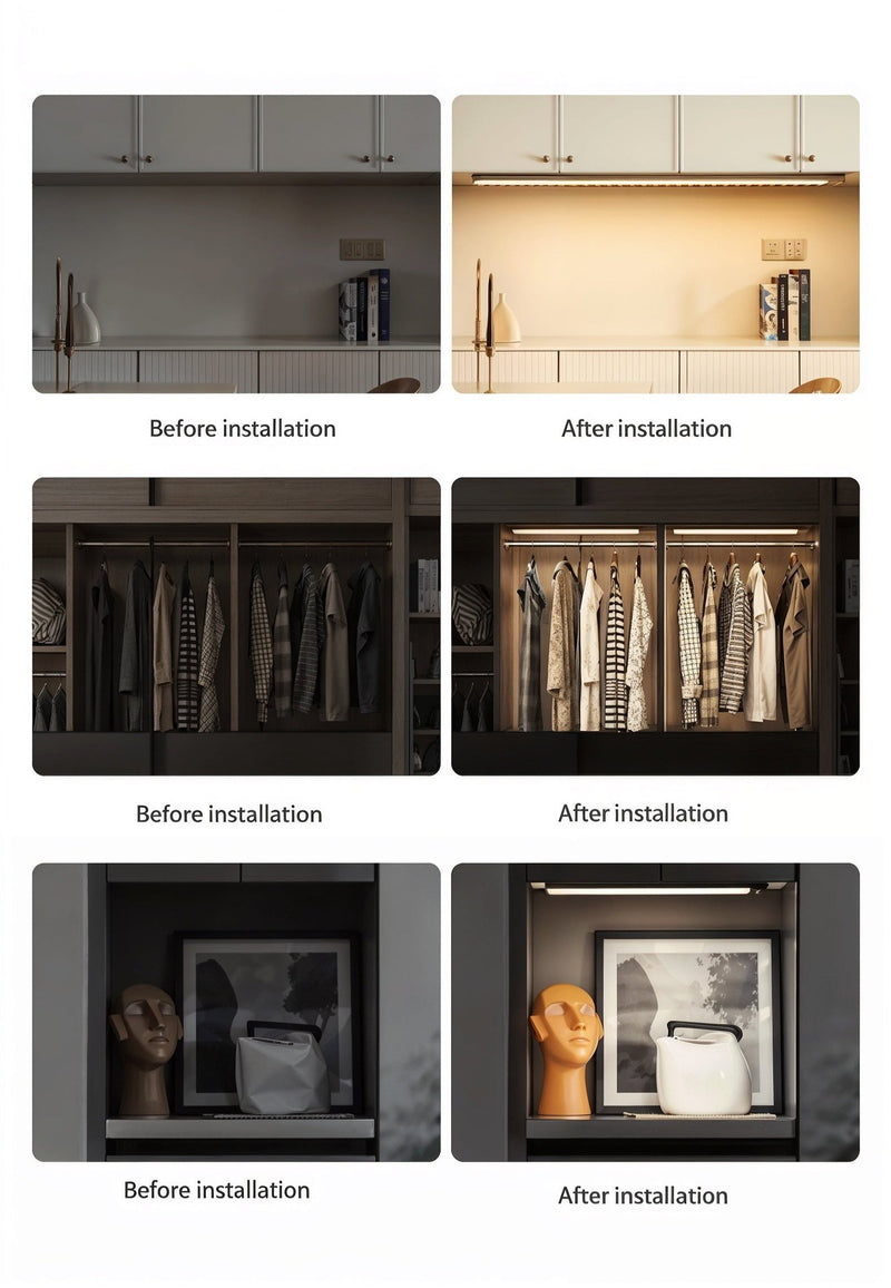 Motion sensor cabinet light installation comparison showing slim under-cabinet placement and the resulting work-surface illumination